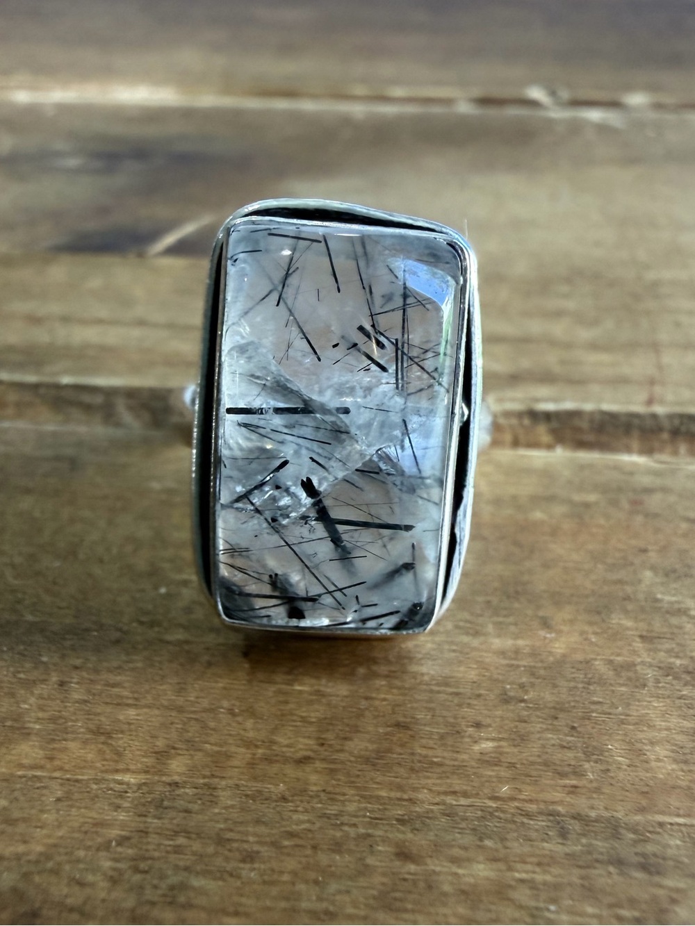 Boho Vintage Style Black Rutile Quartz Gemstone Ring Size 7.5 Silver 925 Plated